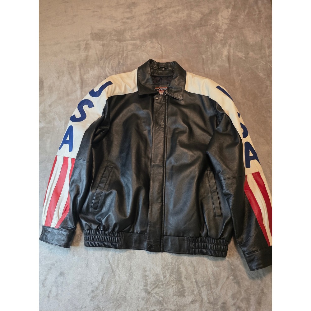 Interstate Leather Bomber Jacket Mens 2XL Black US Navy USA Flag Patch Biker